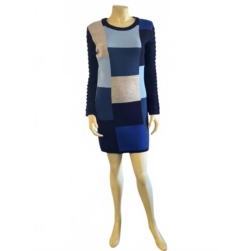 NEW ONE IN A MILLION women's long sleeve colorblock sweater dress in blue multi